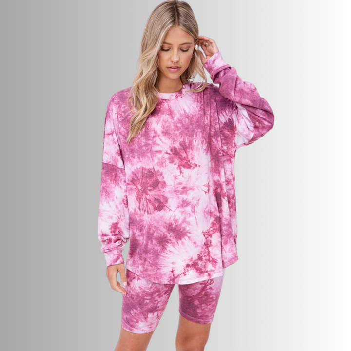 USA Made Ladies Super Soft 2 piece Tie Dye Pajama Loungewear Set with Long Sleeve Shirt and Biker Shorts in Pink