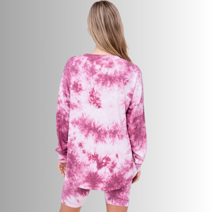 USA Made Ladies Super Soft 2 piece Tie Dye Pajama Loungewear Set with Long Sleeve Shirt and Biker Shorts in Pink