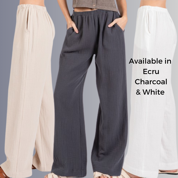 Made in USA Women's Cotton Triple Gauze Elastic Waist Wide Leg Pants with Pockets in Ecru Beige, Charcoal grey and white | 100% Cotton | Classy Cozy Cool Made in America Boutique