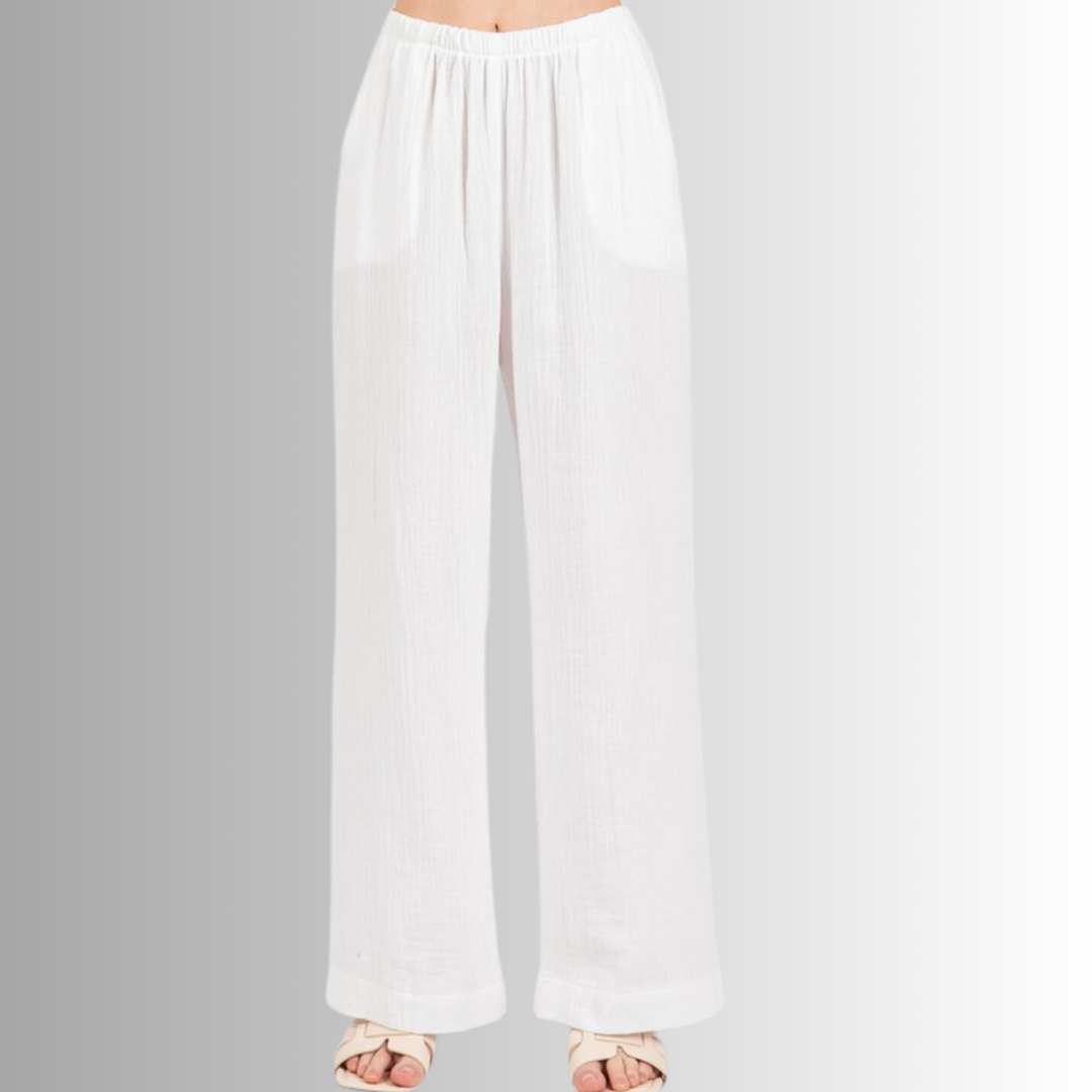 Made in USA Women's Cotton Triple Gauze Elastic Waist Wide Leg Pants with Pockets in White | 100% Cotton | Classy Cozy Cool Made in America Boutique