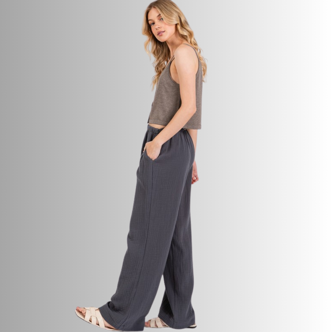 Made in USA Women's Cotton Triple Gauze Elastic Waist Wide Leg Pants with Pockets in Charcoal Grey | 100% Cotton | Classy Cozy Cool Made in America Boutique