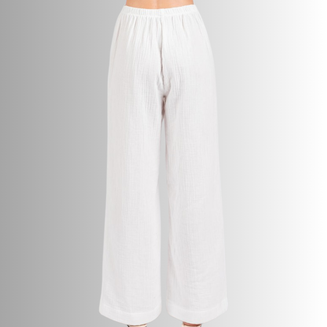 Made in USA Women's Cotton Triple Gauze Elastic Waist Wide Leg Pants with Pockets in White | 100% Cotton | Classy Cozy Cool Made in America Boutique