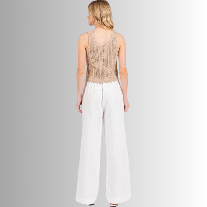 Made in USA Women's Cotton Triple Gauze Elastic Waist Wide Leg Pants with Pockets in White | 100% Cotton | Classy Cozy Cool Made in America Boutique