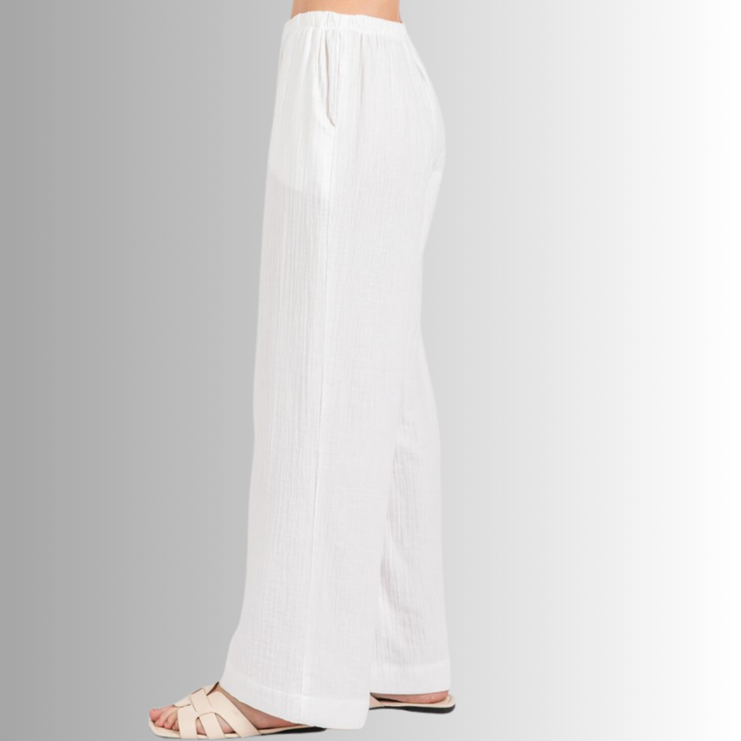 Made in USA Women's Cotton Triple Gauze Elastic Waist Wide Leg Pants with Pockets in White | 100% Cotton | Classy Cozy Cool Made in America Boutique