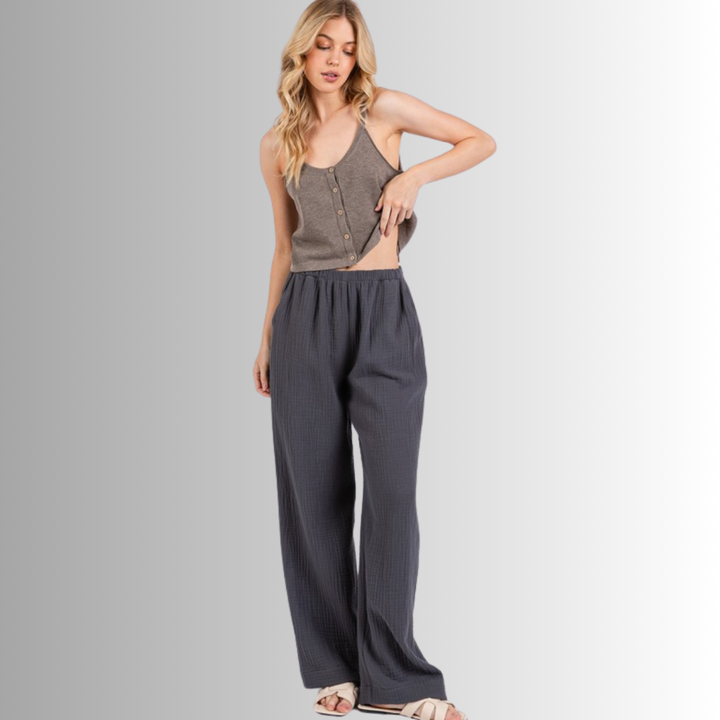 Made in USA Women's Cotton Triple Gauze Elastic Waist Wide Leg Pants with Pockets in Charcoal Grey | 100% Cotton | Classy Cozy Cool Made in America Boutique