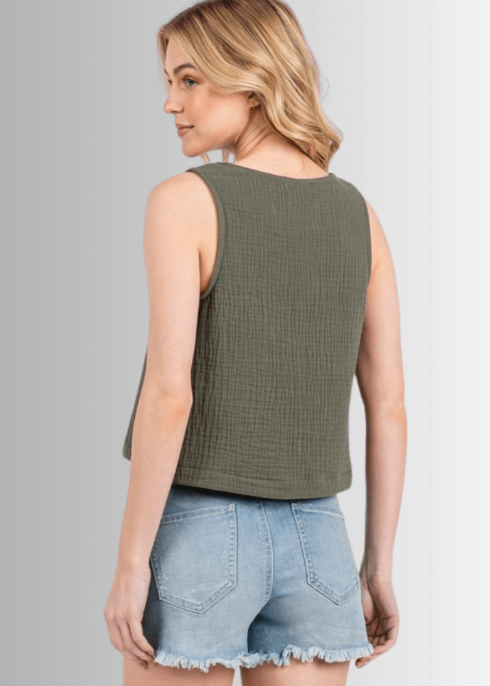 Made in USA Women's Premium Triple Layer Cotton Gauze Relaxed Fit Sleeveless Top, Waist Length, Ultra Soft, Round Neck, 100% Cotton | Classy Cozy Cool Made in America Boutique