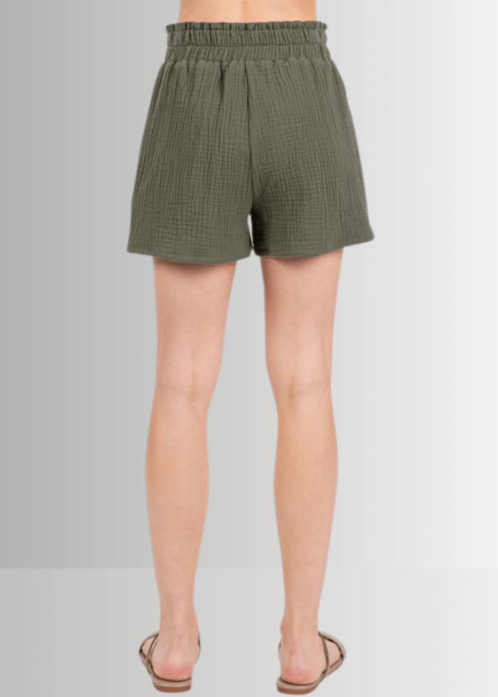 Made in USA Women's Premium Triple Layer Cotton Gauze Relaxed Fit Shorts, Elastic Waist, Ultra Soft, Ruffled Top, Side Pockets Relaxed Fit | Classy Cozy Cool Made in America Boutique