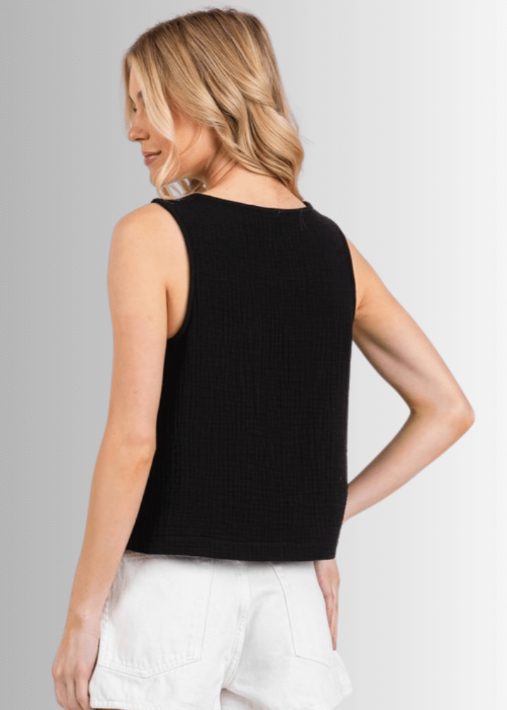 Made in USA Women's Premium Triple Layer Cotton Gauze Relaxed Fit Sleeveless Top, Waist Length, Ultra Soft, Round Neck, 100% Cotton | Classy Cozy Cool Made in America Boutique