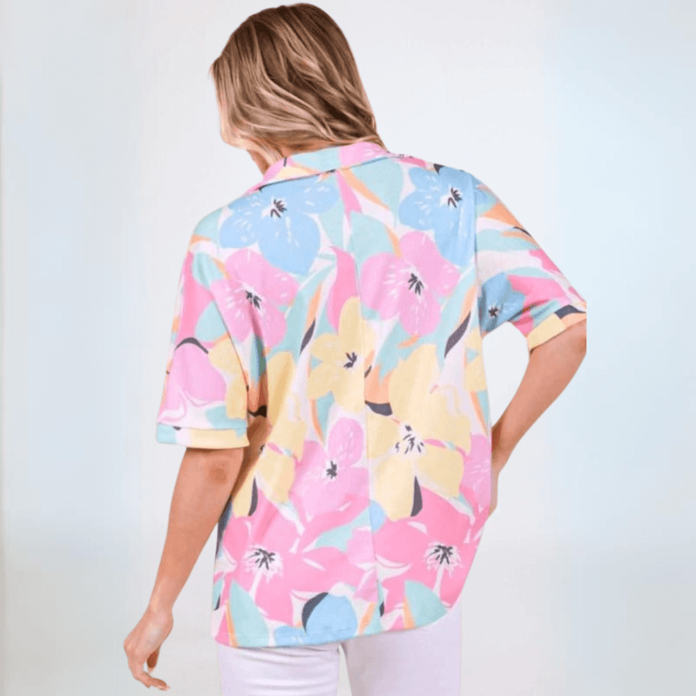 Women's Lightweight Relaxed Fit Made in USA Pink Tropical Print Floral Polo Top for Vacation or Every Day Wear | Classy Cozy Cool Made in USA Boutique