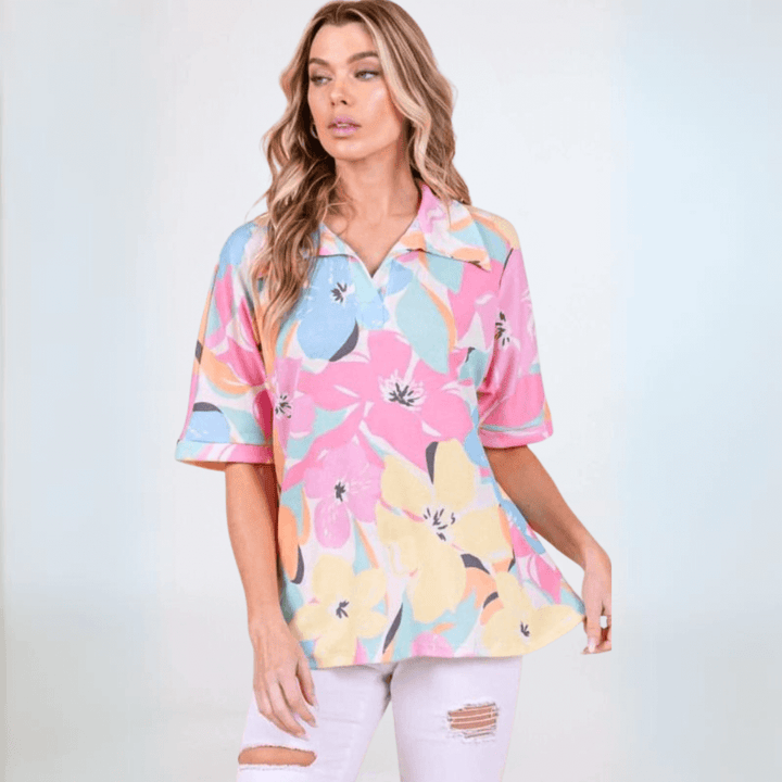 Women's Lightweight Relaxed Fit Made in USA Pink Tropical Print Floral Polo Top for Vacation or Every Day Wear | Classy Cozy Cool Made in USA Boutique