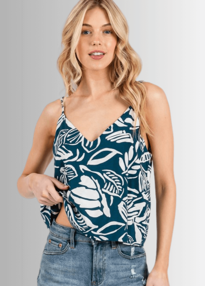 Made in USA Tropical Print Soft Rayon V-Neck Cami Tank Top in Teal  with Adjustable Straps| Classy Cozy Cool Made in America Boutique