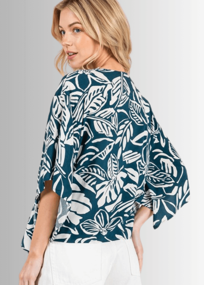 Made in USA Women's Tropical Teal Tie Front Accent Kimono Cardigan, Kimono Sleeves, Waist Length, 100% Rayon Gauze, Beach, Vacation, Tropical Print | Classy Cozy Cool Made in America Boutique