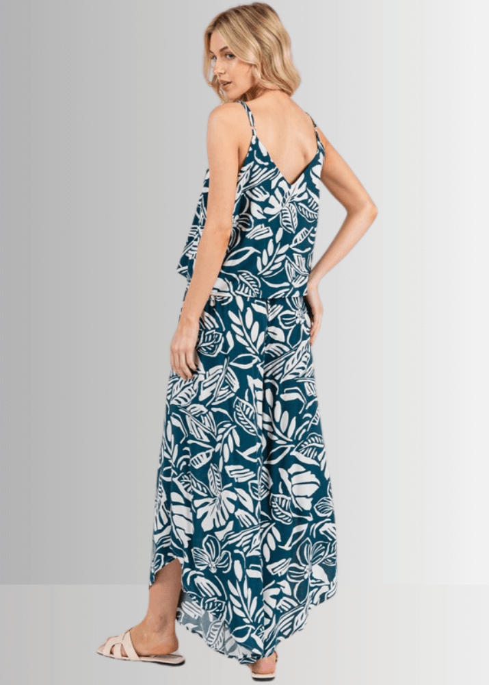 Made in USA Women's Teal Tropical Print Split-Front Flowy Pants shown with matching Cami Tank Top, Perfect for Beach Vacation, Matching Tank Top and Cardigan Available | Classy Cozy Cool Made in America Boutique