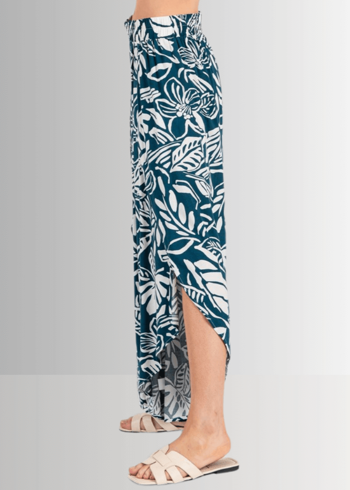 Made in USA Women's Teal Tropical Print Split-Front Flowy Pants, Perfect for Beach Vacation, Matching Tank Top and Cardigan Available | Classy Cozy Cool Made in America Boutique