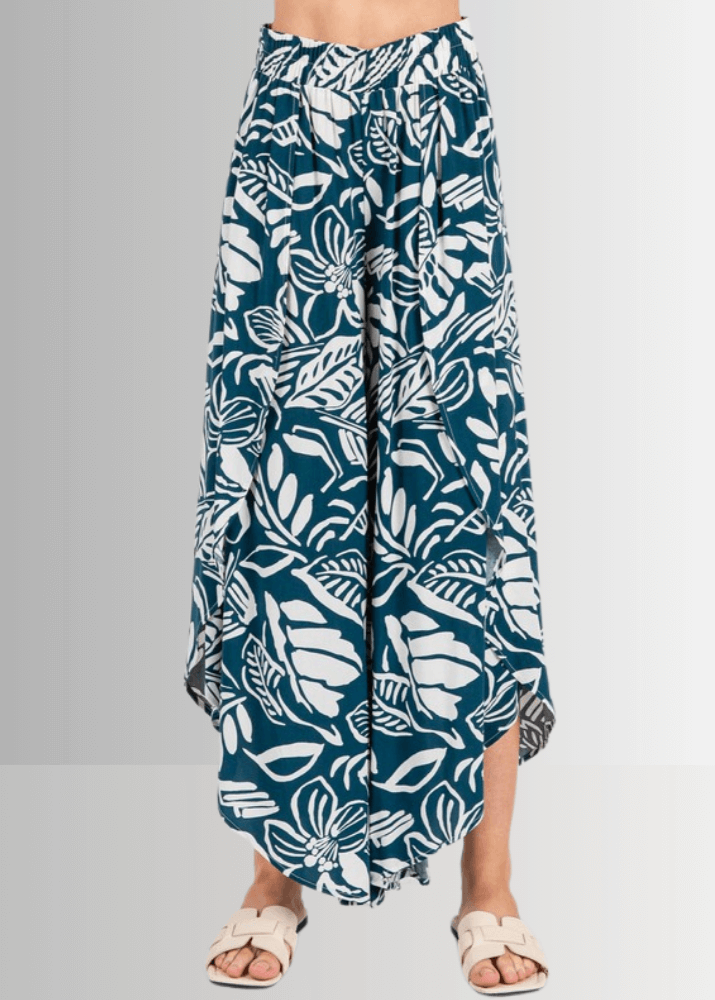 Made in USA Women's Teal Tropical Print Split-Front Flowy Pants, Perfect for Beach Vacation, Matching Tank Top and Cardigan Available | Classy Cozy Cool Made in America Boutique