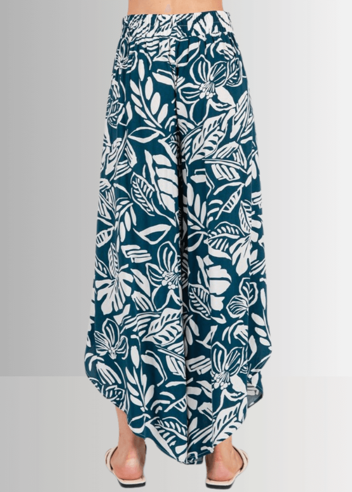 Made in USA Women's Teal Tropical Print Split-Front Flowy Pants, Perfect for Beach Vacation, Matching Tank Top and Cardigan Available | Classy Cozy Cool Made in America Boutique