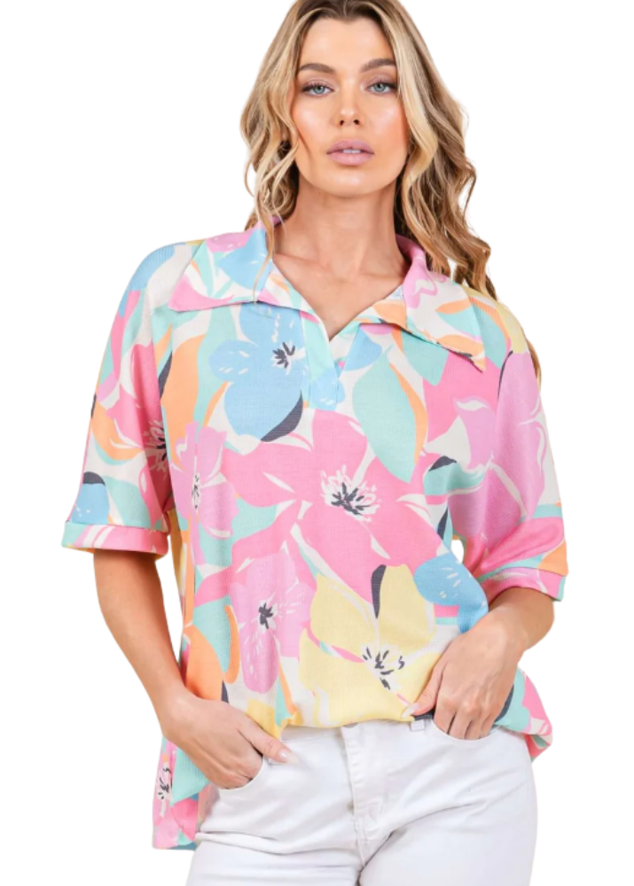 Women's Lightweight Relaxed Fit Made in USA Pink Tropical Print Floral Polo Top for Vacation or Every Day Wear | Classy Cozy Cool Made in USA Boutique