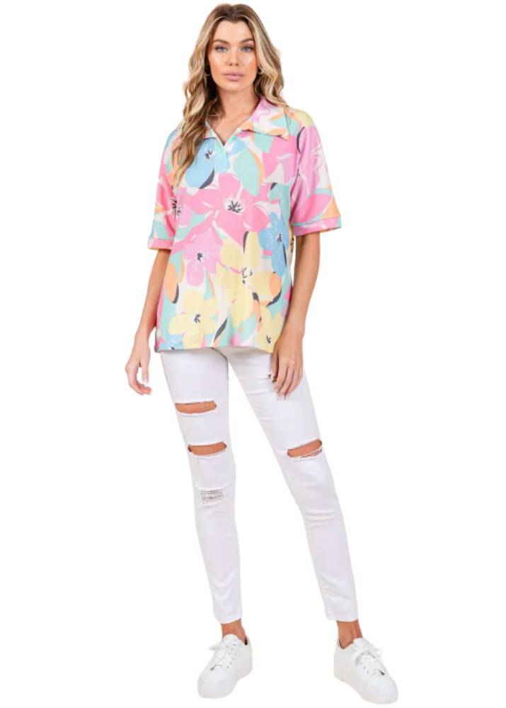 Women's Lightweight Relaxed Fit Made in USA Pink Tropical Print Floral Polo Top for Vacation or Every Day Wear | Classy Cozy Cool Made in USA Boutique