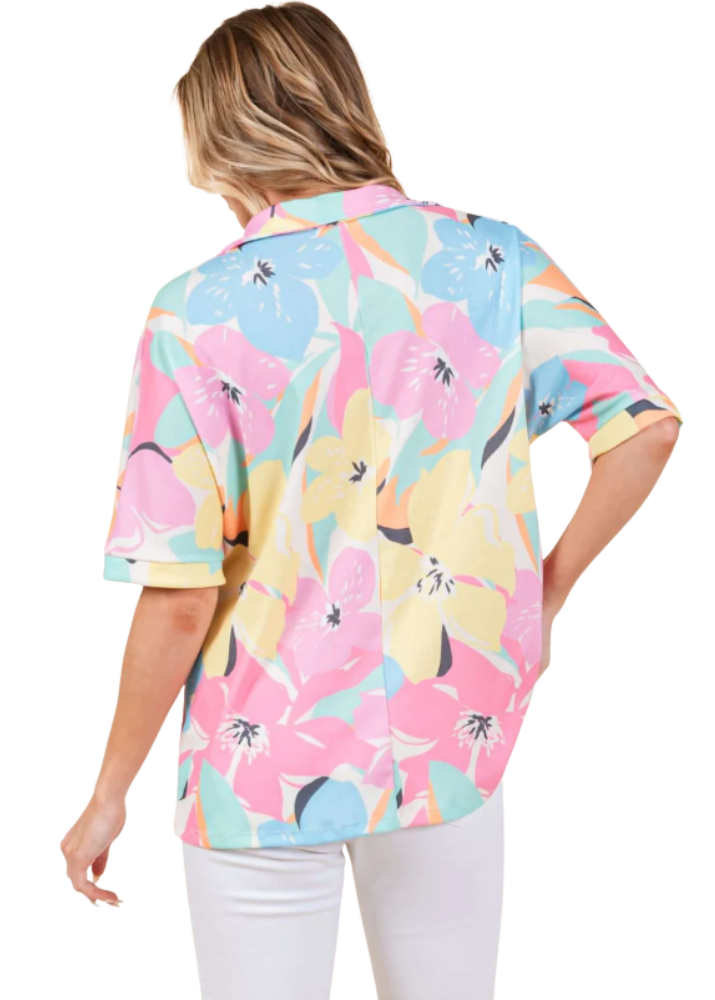 Women's Lightweight Relaxed Fit Made in USA Pink Tropical Print Floral Polo Top for Vacation or Every Day Wear | Classy Cozy Cool Made in USA Boutique