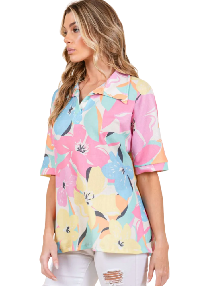Women's Lightweight Relaxed Fit Made in USA Pink Tropical Print Floral Polo Top for Vacation or Every Day Wear | Classy Cozy Cool Made in USA Boutique