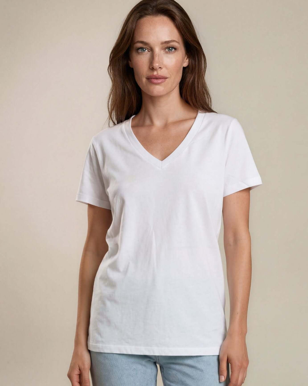 The True American Women's T-Shirt: Super soft 100% combed ring-spun cotton V-neck tee in white, made in the USA with USA-milled fabric. Flattering fit, effortless style.