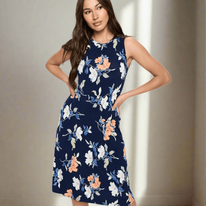 Made in USA Women's Sleeveless Lightweight Navy Floral Jersey Dress with Round Neckline | Classy Cozy Cool Made in America Boutique