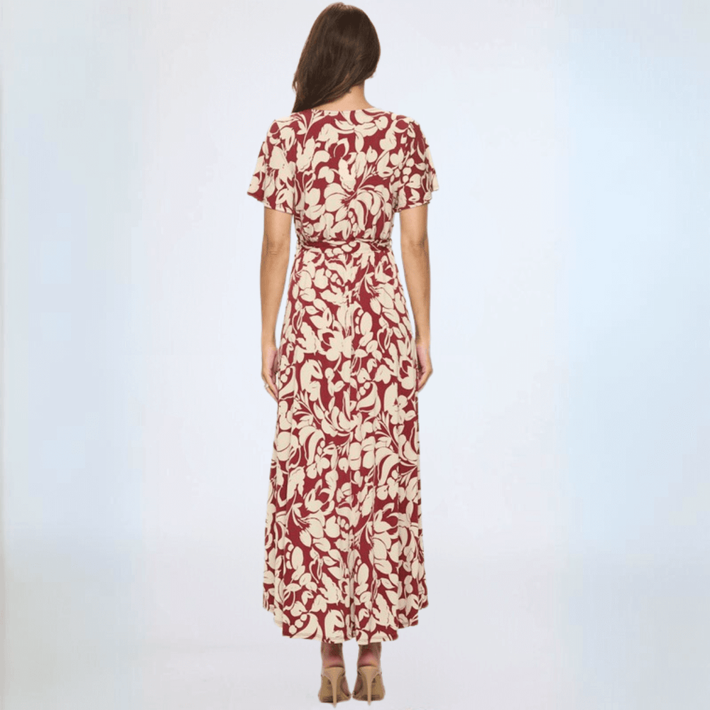 Made in USA Women's Short Sleeve Surplice Floral Jersey Tie Front Maxi Dress with V-Neck in Burgundy & Tan Floral Print | Classy Cozy Cool Women's Made in America Boutique