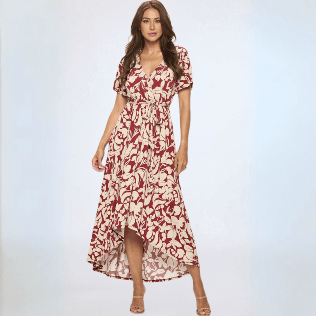 Made in USA Women's Short Sleeve Surplice Floral Jersey Tie Front Maxi Dress with V-Neck in Burgundy & Tan Floral Print | Classy Cozy Cool Women's Made in America Boutique