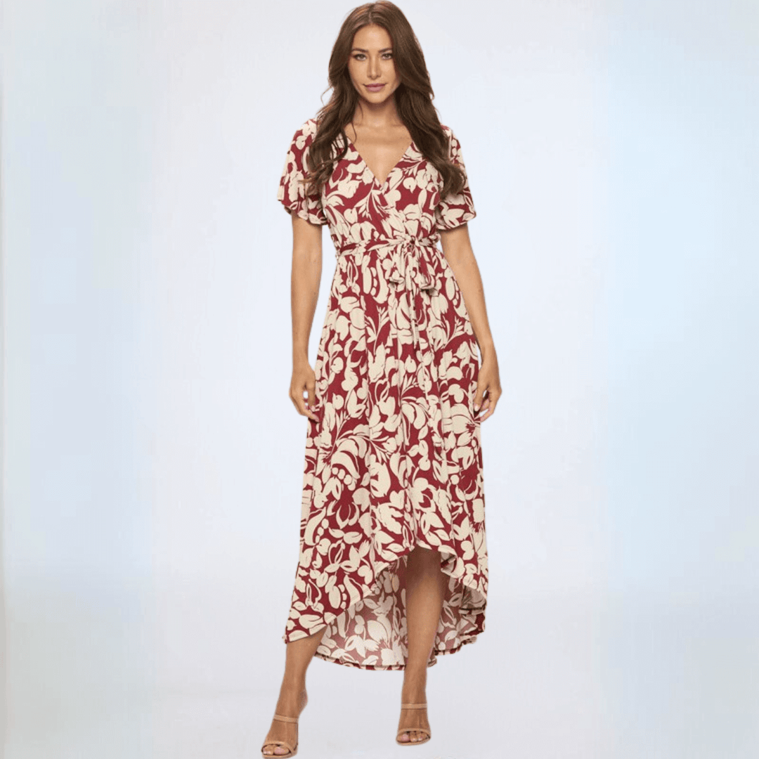 Made in USA Women's Short Sleeve Surplice Floral Jersey Tie Front Maxi Dress with V-Neck in Burgundy & Tan Floral Print | Classy Cozy Cool Women's Made in America Boutique