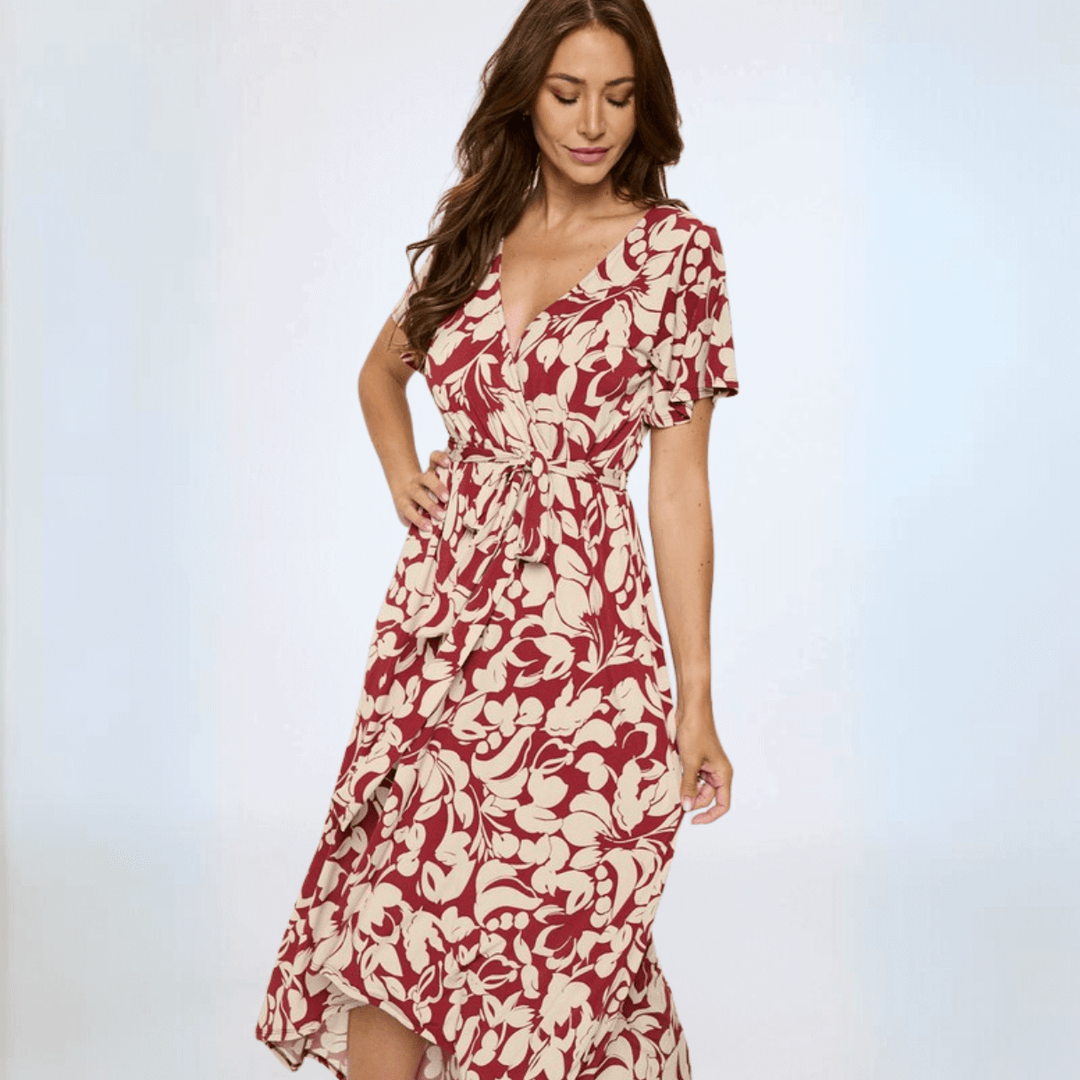 Made in USA Women's Short Sleeve Surplice Floral Jersey Tie Front Maxi Dress with V-Neck in Burgundy & Tan Floral Print | Classy Cozy Cool Women's Made in America Boutique