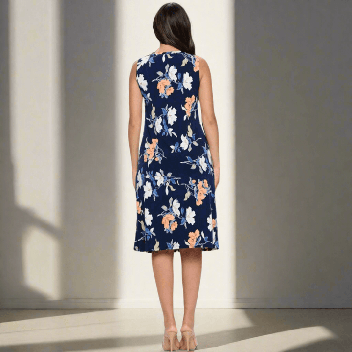 Made in USA Women's Sleeveless Lightweight Navy Floral Jersey Dress with Round Neckline | Classy Cozy Cool Made in America Boutique