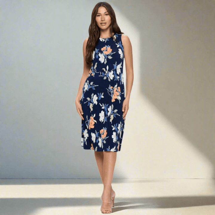 Made in USA Women's Sleeveless Lightweight Navy Floral Jersey Dress with Round Neckline | Classy Cozy Cool Made in America Boutique