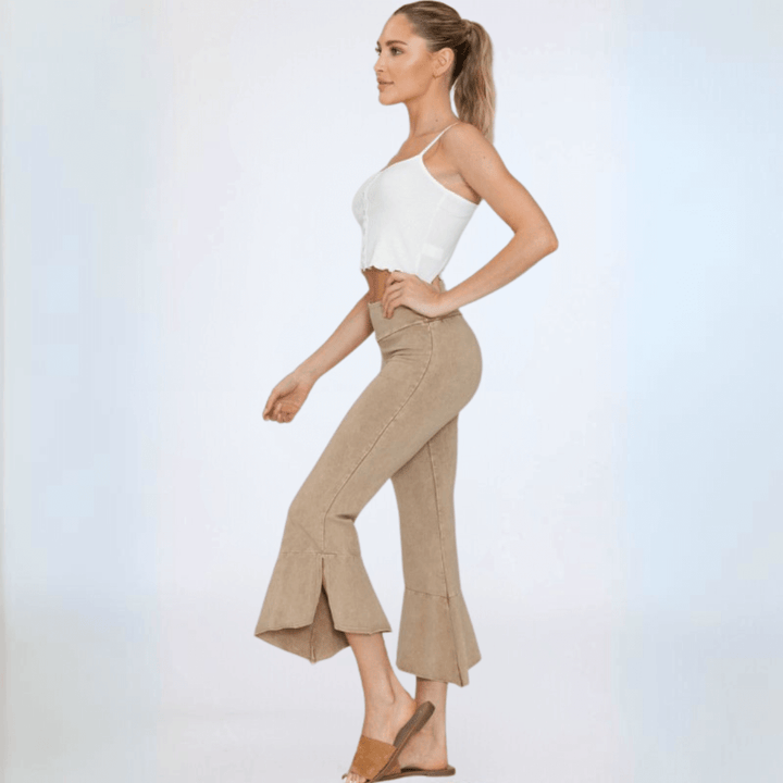 Women's Tulip Hem Capri Pants Made with American Grown Cotton Mid-Rise Raw Edge Hem Fitted in Mineral Washed Beige | Classy Cozy Cool Style C30723