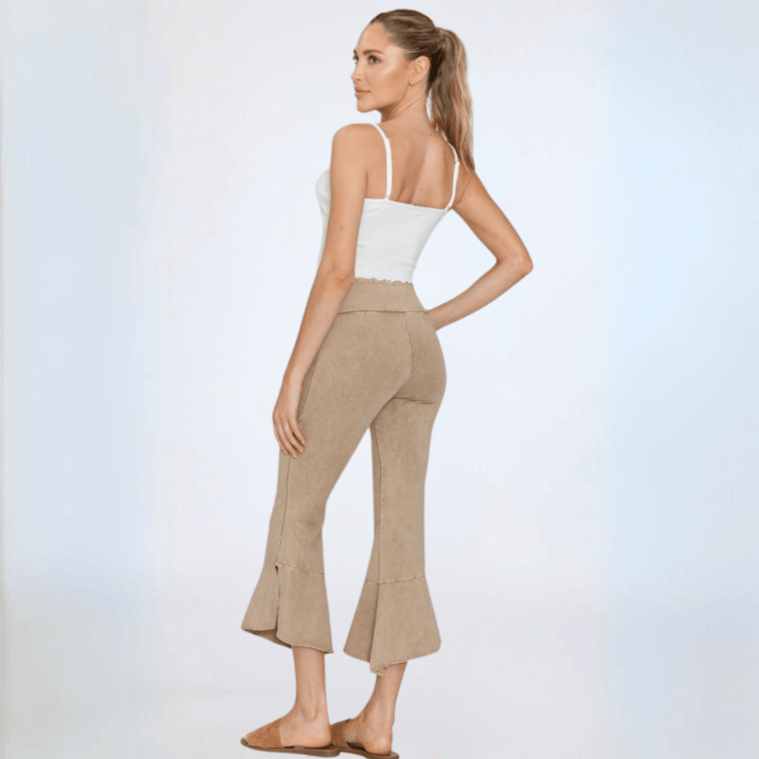 Women's Tulip Hem Capri Pants Made with American Grown Cotton Mid-Rise Raw Edge Hem Fitted in Mineral Washed Beige | Classy Cozy Cool Style C30723