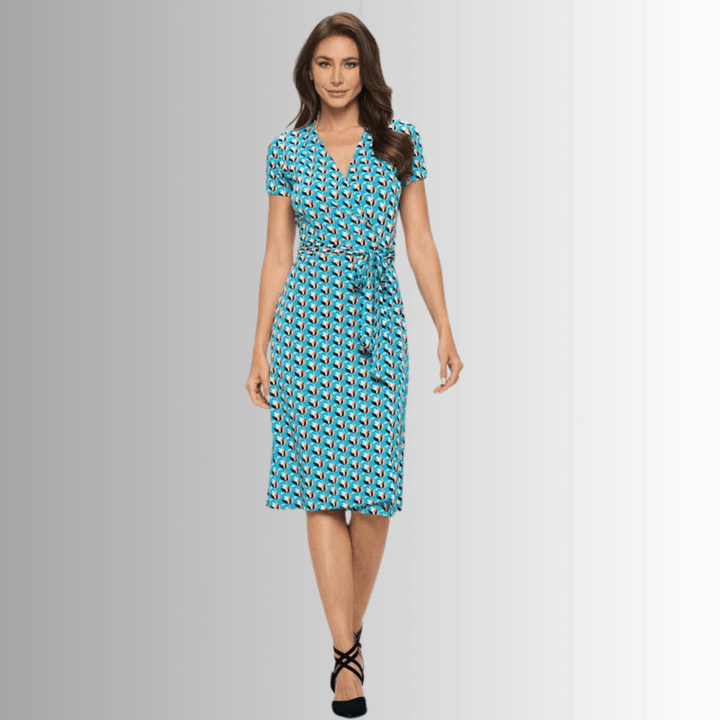 Ladies Aqua Blue Tulip Print Midi Jersey Wrap Dress | Renee C. Style# S4329DRR | Made in USA | Classy Cozy Cool Women's Made in America Clothing Boutique