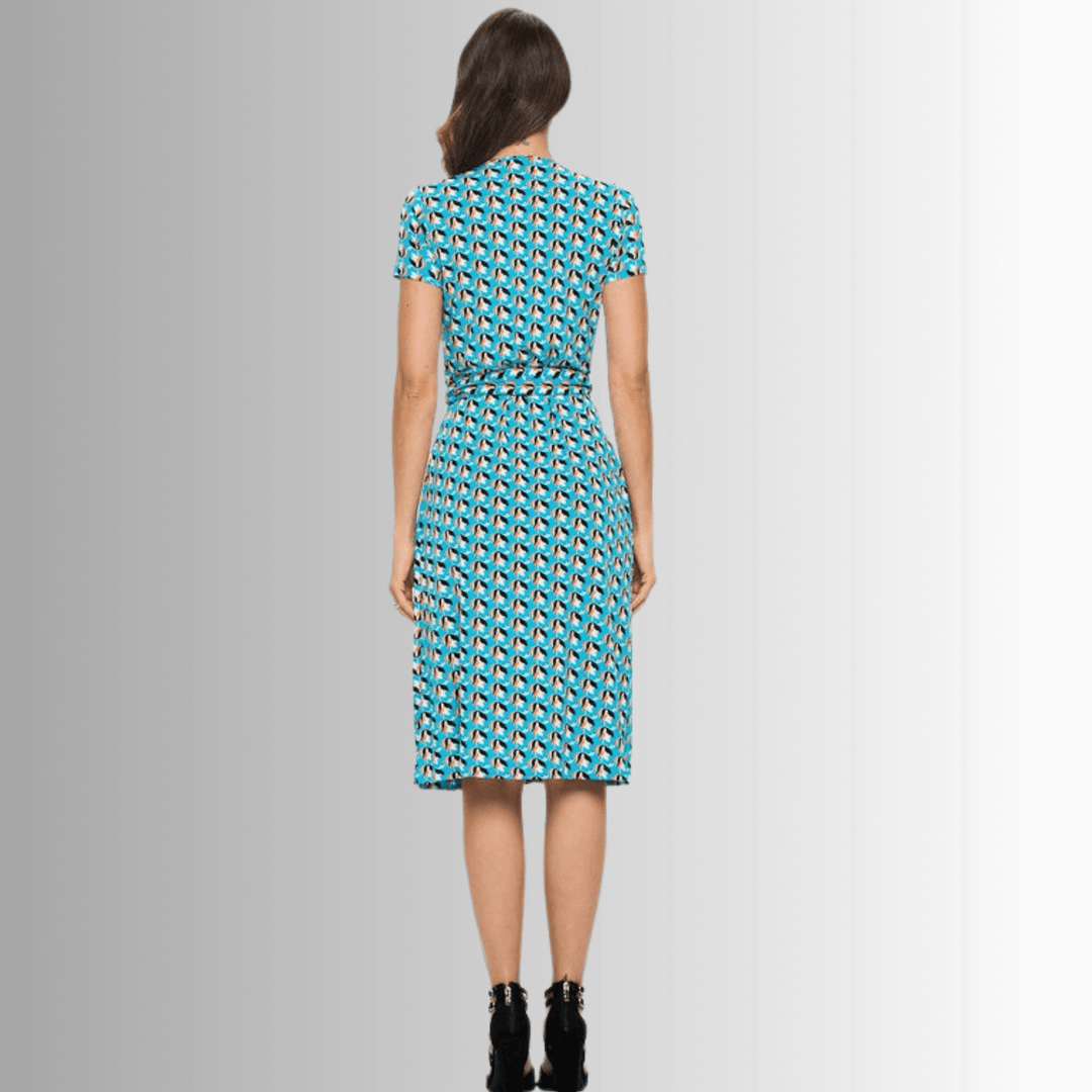 Ladies Aqua Blue Tulip Print Midi Jersey Wrap Dress | Renee C. Style# S4329DRR | Made in USA | Classy Cozy Cool Women's Made in America Clothing Boutique