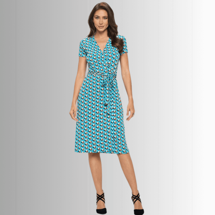 Ladies Aqua Blue Tulip Print Midi Jersey Wrap Dress | Renee C. Style# S4329DRR | Made in USA | Classy Cozy Cool Women's Made in America Clothing Boutique