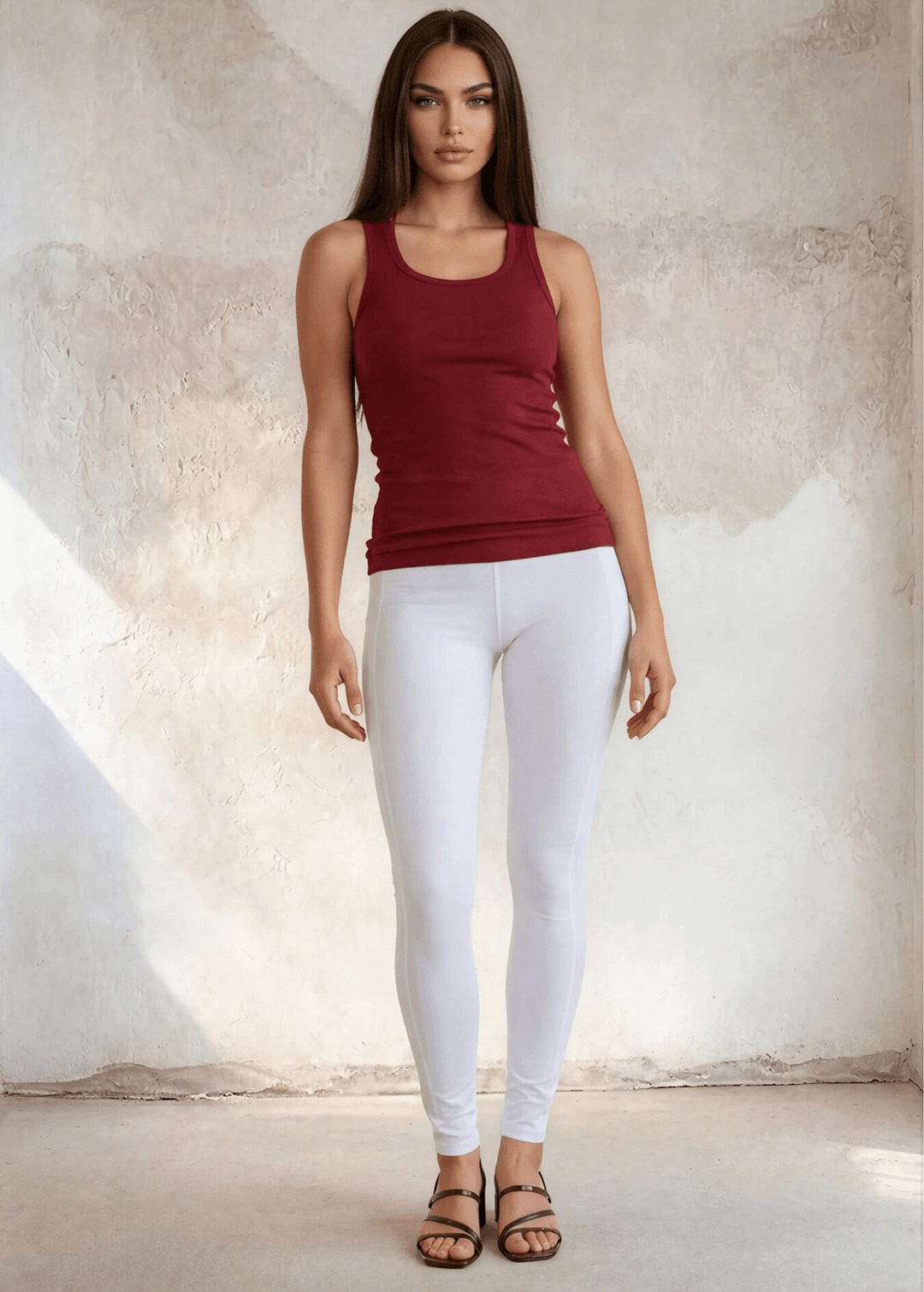 The Bra30 Tummy Tucker is an extra-long extra supportive racerback tank top that comfortably helps smooth out those unwanted lumps and bumps.  Dark Red Color , Made in USA