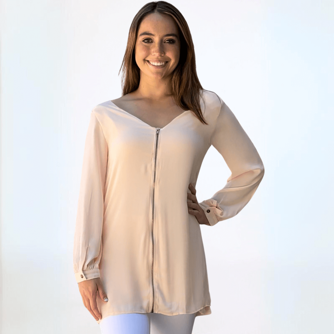Made in USA Women's Long Sleeve Front Zip V-Neck Reversible Tunic Fully Lined in Coral or Blush Pink | Classy Cozy Cool Made in America Boutique