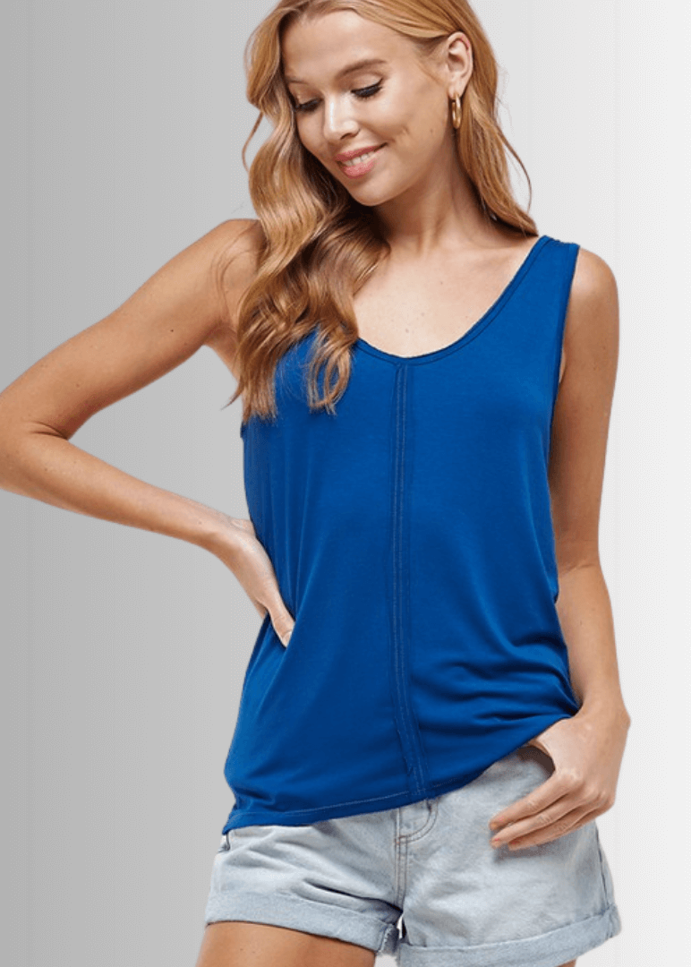 USA Made Women's Twisted Strap All Cotton Raw Edge Detail Tank Top in Blue | Classy Cozy Cool Women's Made in America Boutique