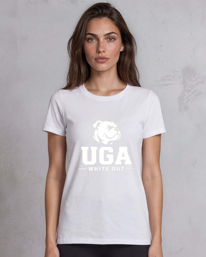 UGA White Out gameday graphic crew neck tee in white. 100% cotton, tone-on-white bulldog graphic, made in USA. Sizes S–3XL.