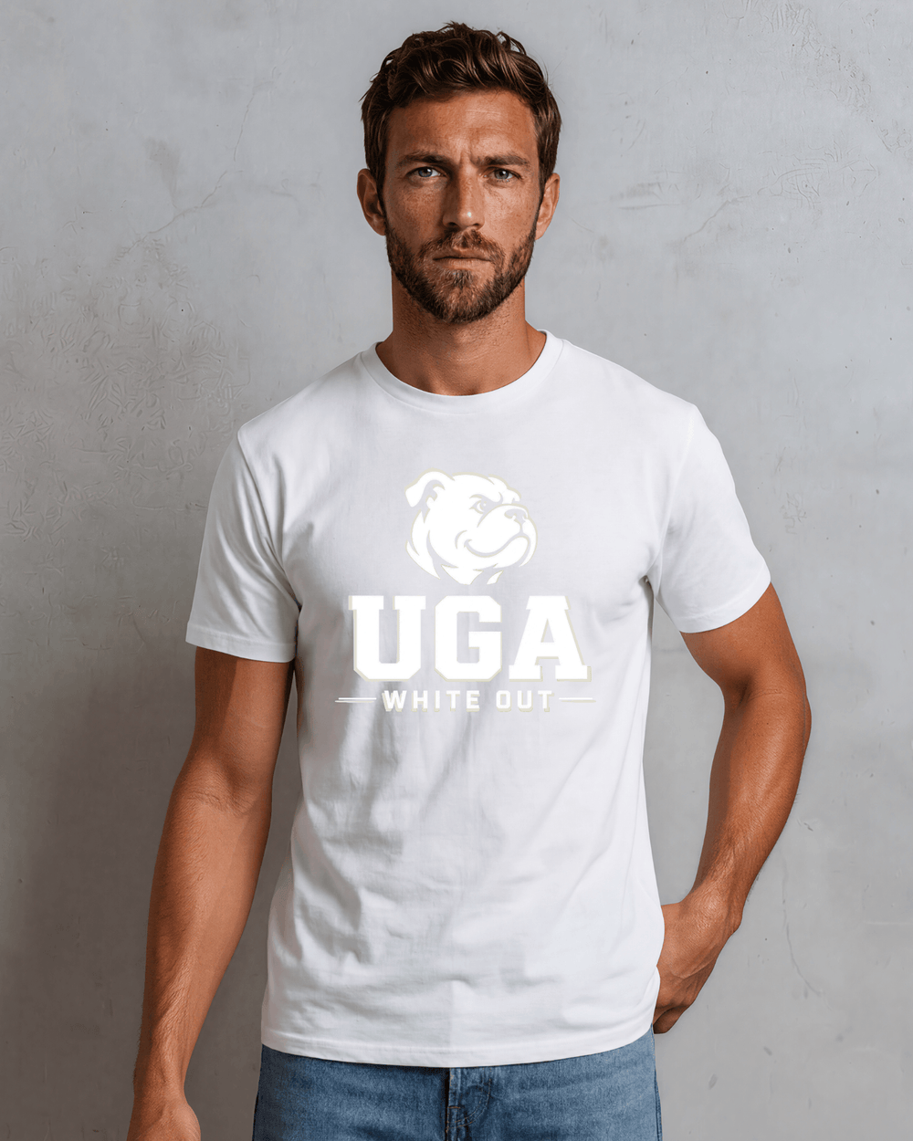 UGA White Out graphic tee for the September 12th game. Men's crew neck, 100% USA-grown cotton, semi-fitted. Made in USA. Sizes S–3XL.