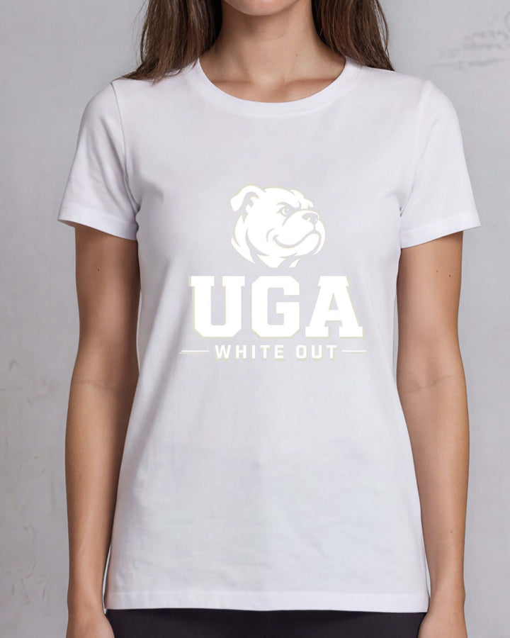 UGA White Out gameday graphic crew neck tee in white. 100% cotton, tone-on-white bulldog graphic, made in USA. Sizes S–3XL.
