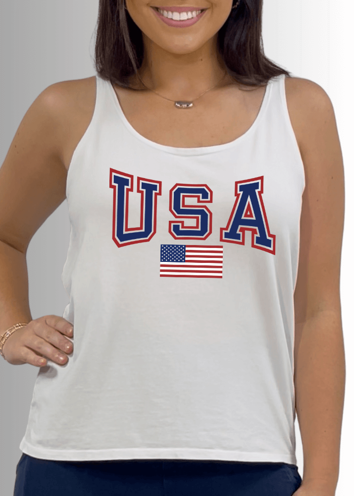 Made in USA USA Patriotic American Flag Graphic Women's Sustainable durable premium America-made cotton tank top, Perfect for 4th of July