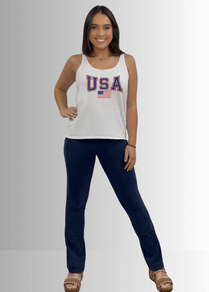 Made in USA USA Patriotic American Flag Graphic Women's Sustainable durable premium America-made cotton tank top, Perfect for 4th of July
