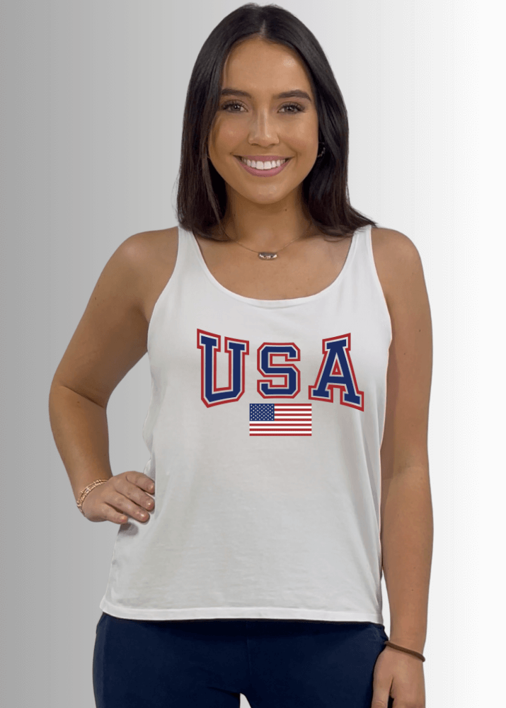 Made in USA USA Patriotic American Flag Graphic Women's Sustainable durable premium America-made cotton tank top, Perfect for 4th of July