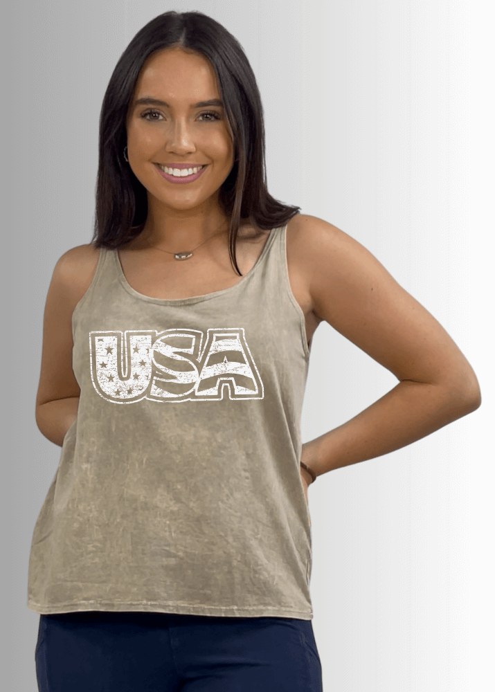 Made in USA White USA Distressed Stars and Stripes Graphic Women's Sustainable durable premium America-made cotton tank top, Mineral Washed Vintage Look | Classy Cozy Cool Made in America Boutique