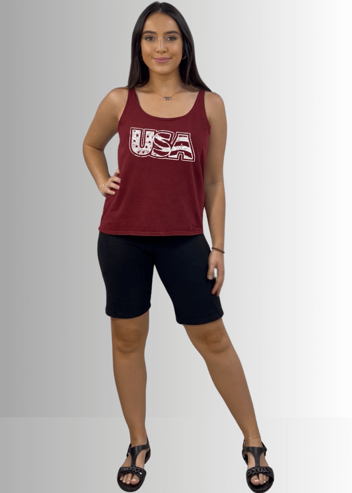Made in USA White USA Distressed Stars and Stripes Graphic Women's Sustainable durable premium America-made cotton tank top, Mineral Washed Vintage Look | Classy Cozy Cool Made in America Boutique