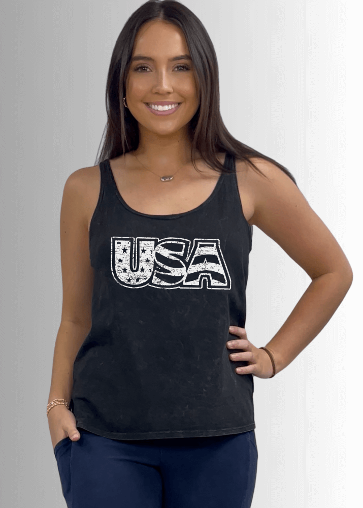 Made in USA White USA Distressed Stars and Stripes Graphic Women's Sustainable durable premium America-made cotton tank top, Mineral Washed Vintage Look | Classy Cozy Cool Made in America Boutique