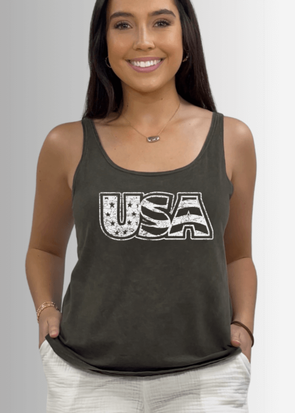Made in USA White USA Distressed Stars and Stripes Graphic Women's Sustainable durable premium America-made cotton tank top, Mineral Washed Vintage Look | Classy Cozy Cool Made in America Boutique